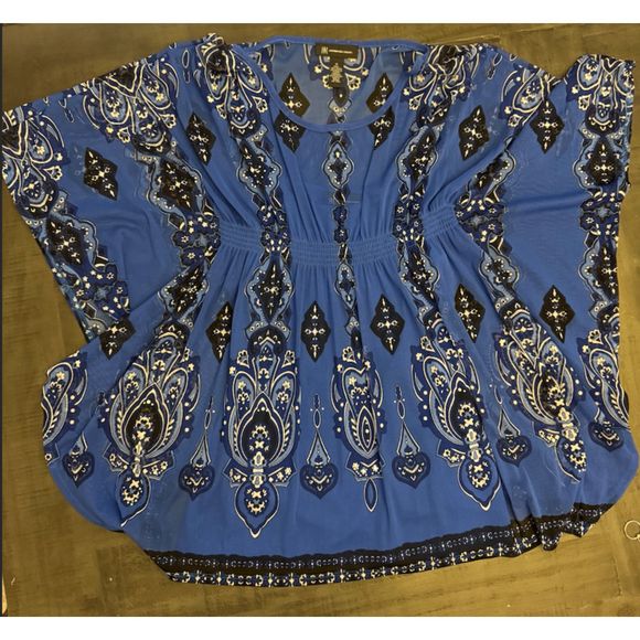 INC Blue Studded Print Batwing Sleeves Nylon Top Sz M - Picture 3 of 15